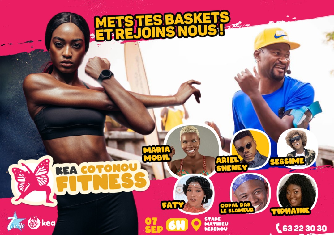 Une femme s’étire face à un homme en tenue sportive dans une ambiance colorée d’invitation à un événement fitness