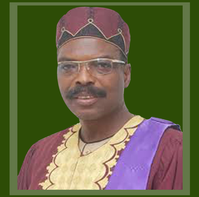 Homme portant un boubou traditionnel marron et jaune avec une écharpe violette et un bonnet assorti sur fond vert