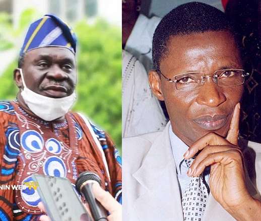 Portraits côte à côte d’un homme en tenue traditionnelle avec masque facial et d’un autre homme en costume et lunettes pensif