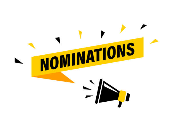 Bannière jaune avec texte nominations en noir et silhouette de mégaphone noir et jaune sur fond blanc