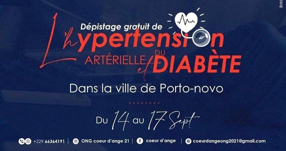 Texte annonçant un dépistage gratuit de l’hypertension et du diabète avec dates et contacts sur fond bleu