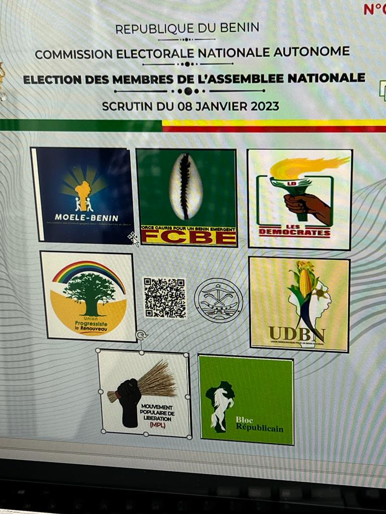 Bulletin électoral avec logos de huit partis politiques disposés en trois rangées et texte officiel en haut
