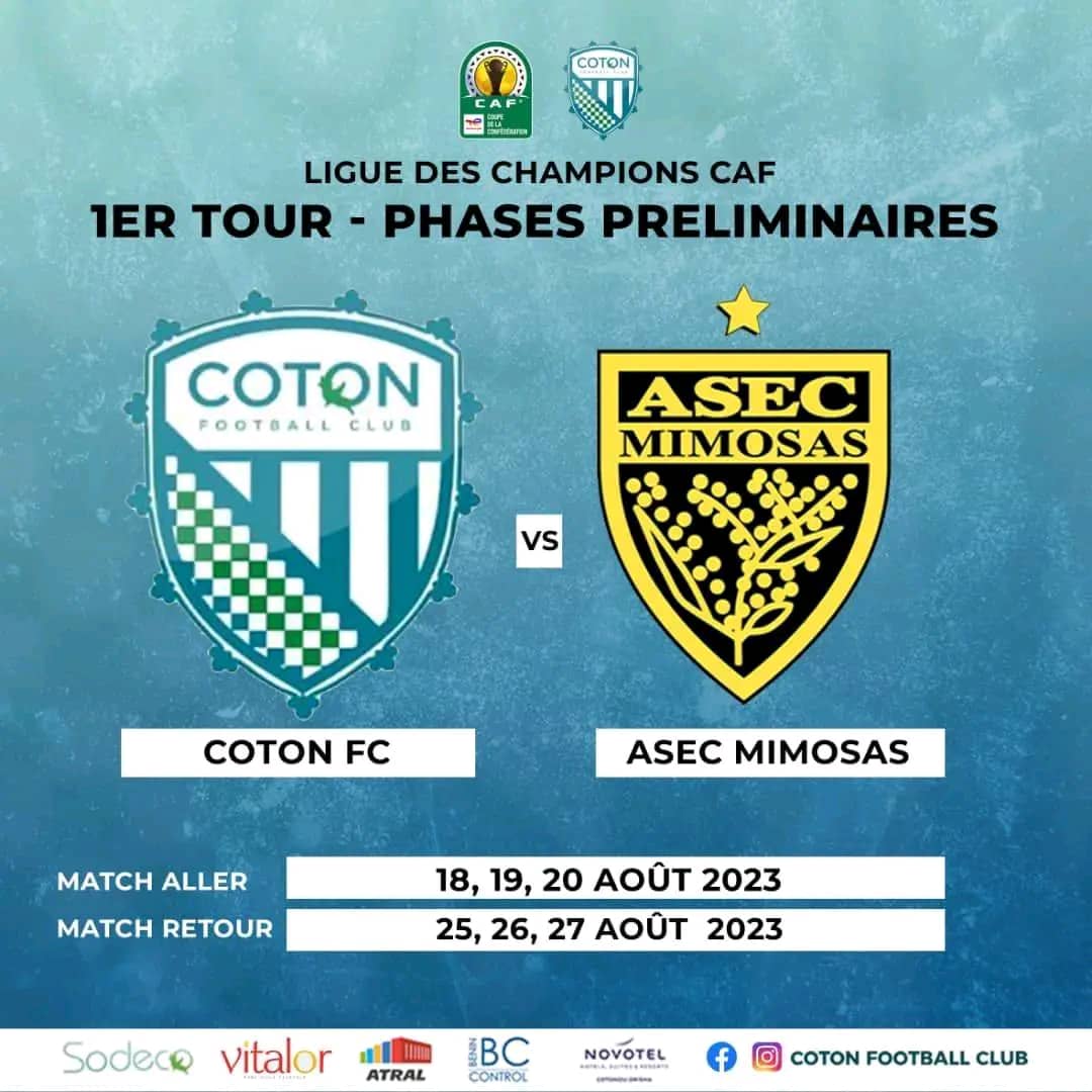 Logos des clubs Coton FC et ASEC Mimosas pour le 1er tour des phases préliminaires de la Ligue des Champions CAF avec dates des matchs