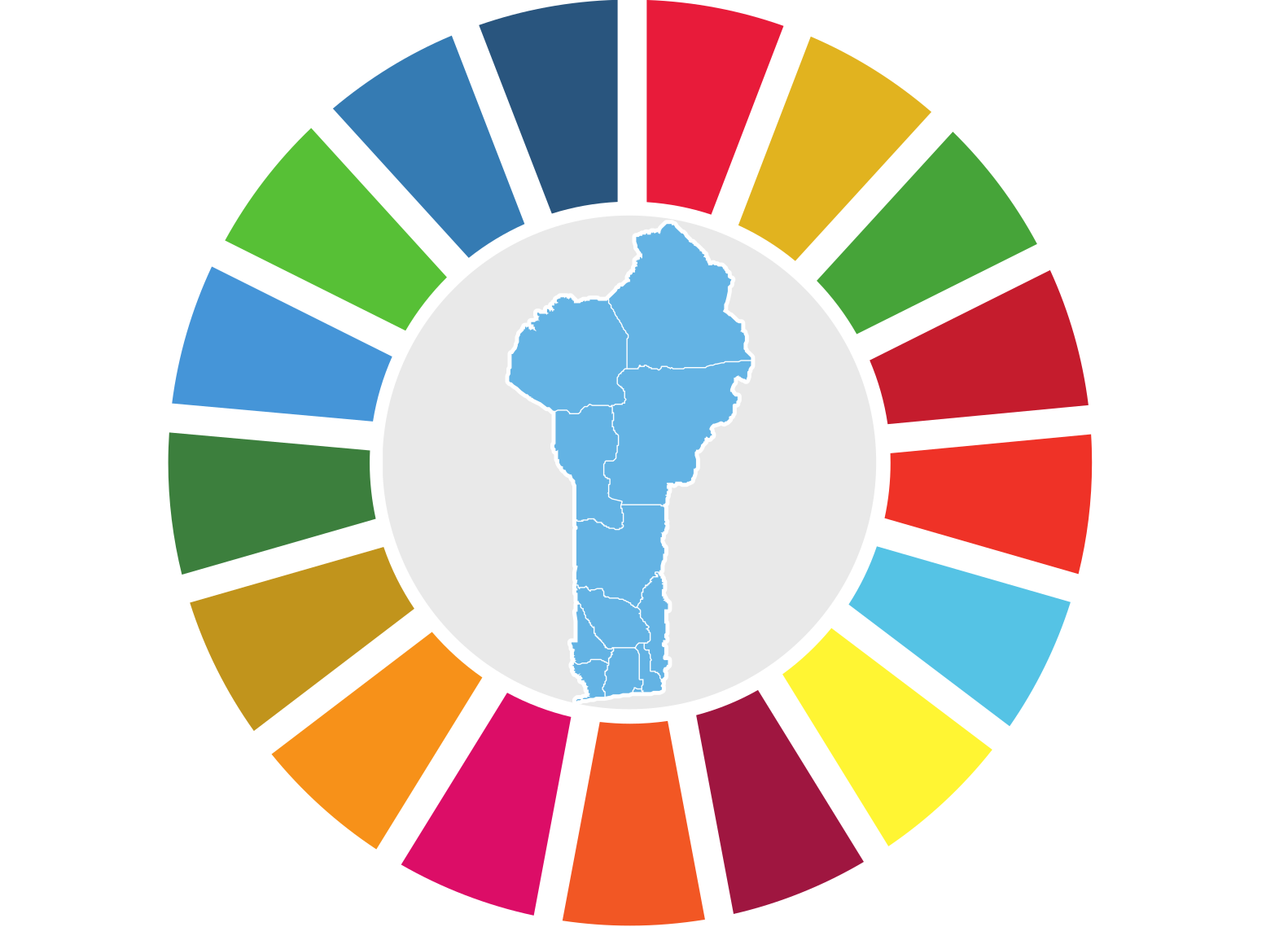 Carte d’un pays en bleu entourée des 17 icônes colorées des Objectifs de Développement Durable