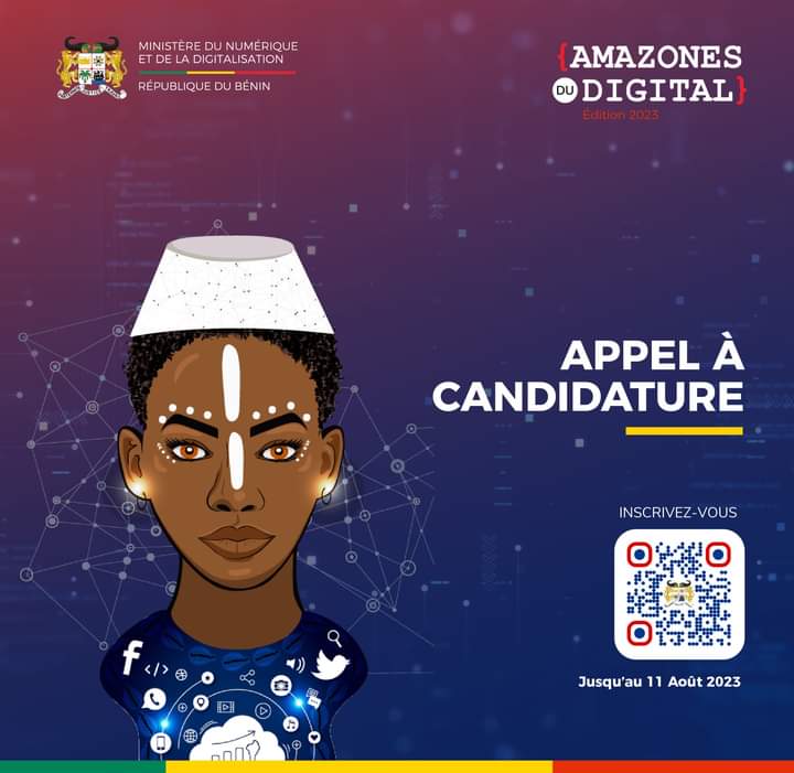 Illustration d'une femme africaine au visage peint avec des symboles numériques et un QR code d'inscription pour un appel à candidature