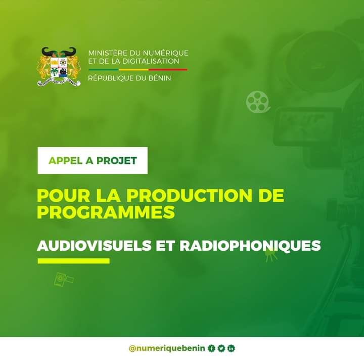 Fond vert avec texte blanc et jaune annonçant un appel à projet pour la production de programmes audiovisuels et radiophoniques