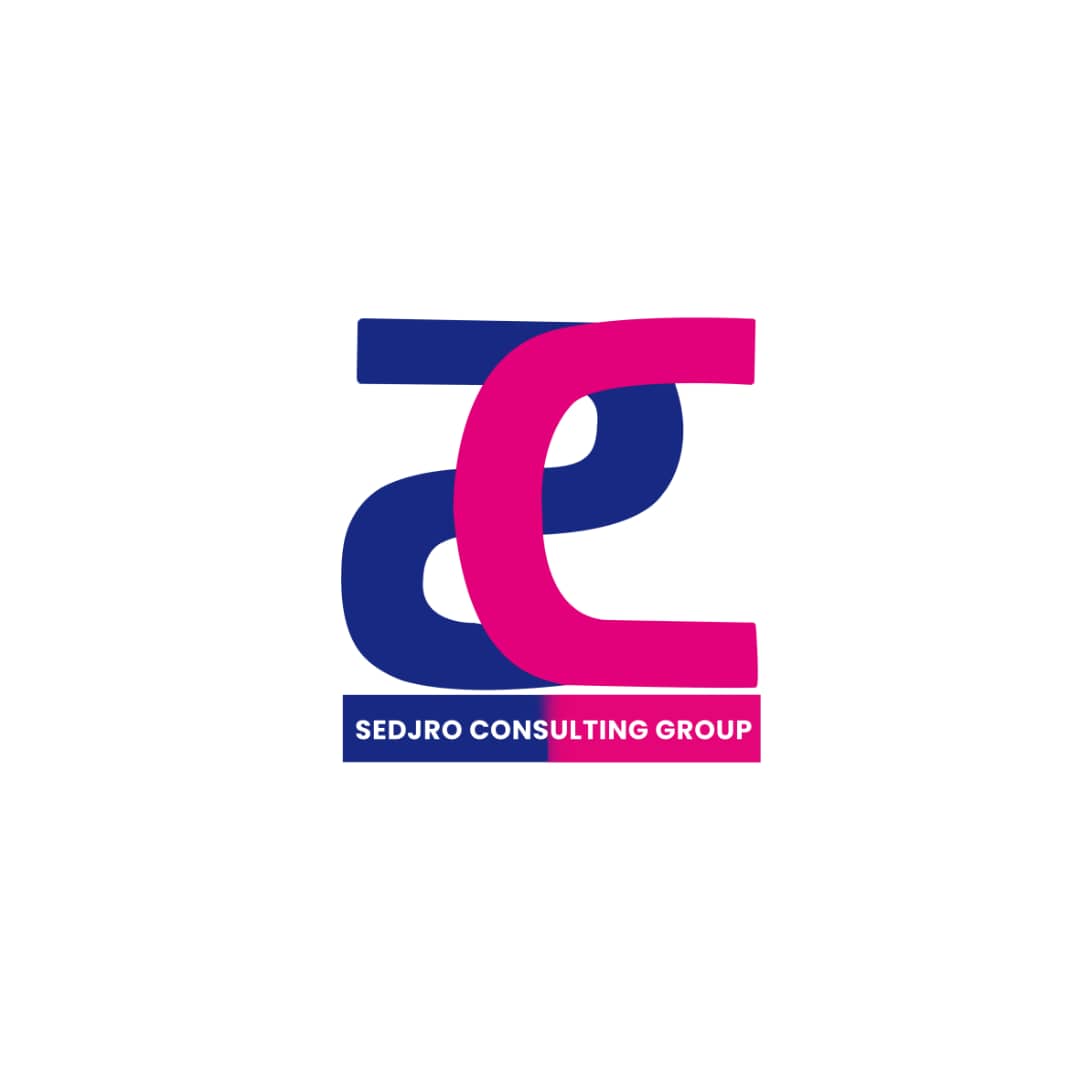 logo stylisé bleu et rose avec les lettres s et c entrelacées et le texte sedjro consulting group sur fond blanc