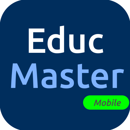 Logo sur fond bleu avec les mots Educ Master en blanc et bleu clair et un rectangle vert avec Mobile en bas à droite