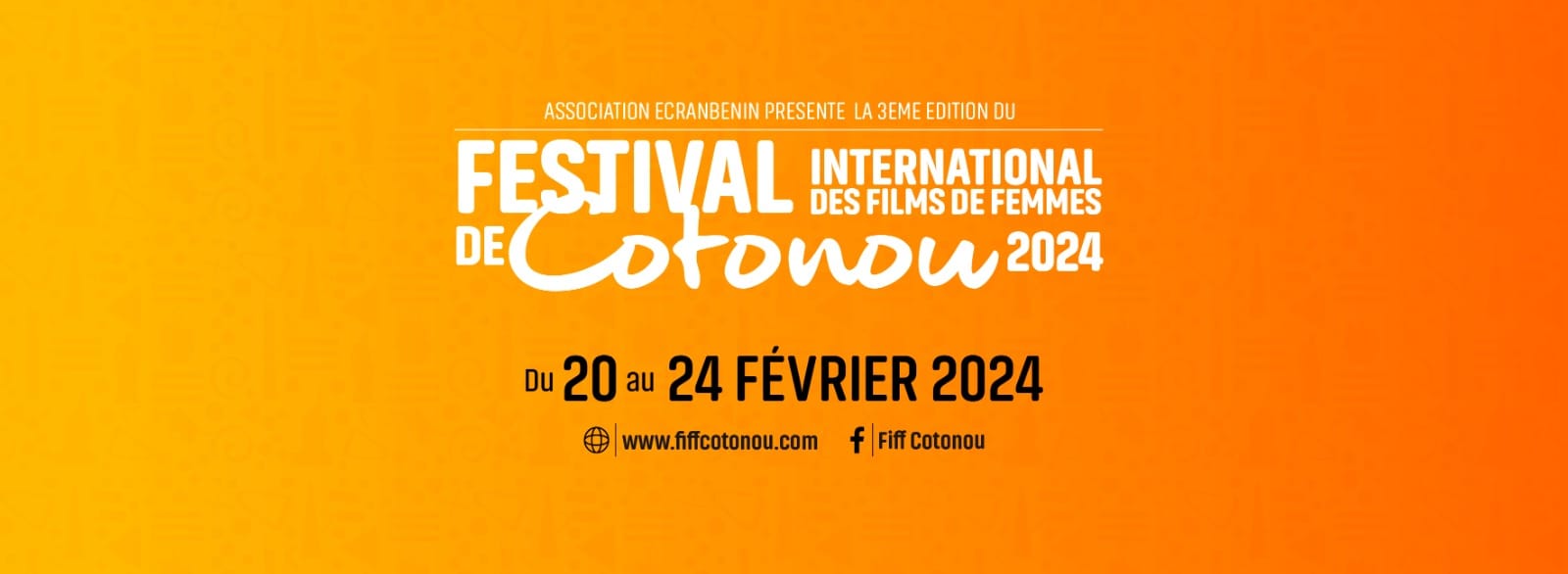 Fond dégradé orange avec texte blanc annonçant la troisième édition d'un festival international de films de femmes en février 2024