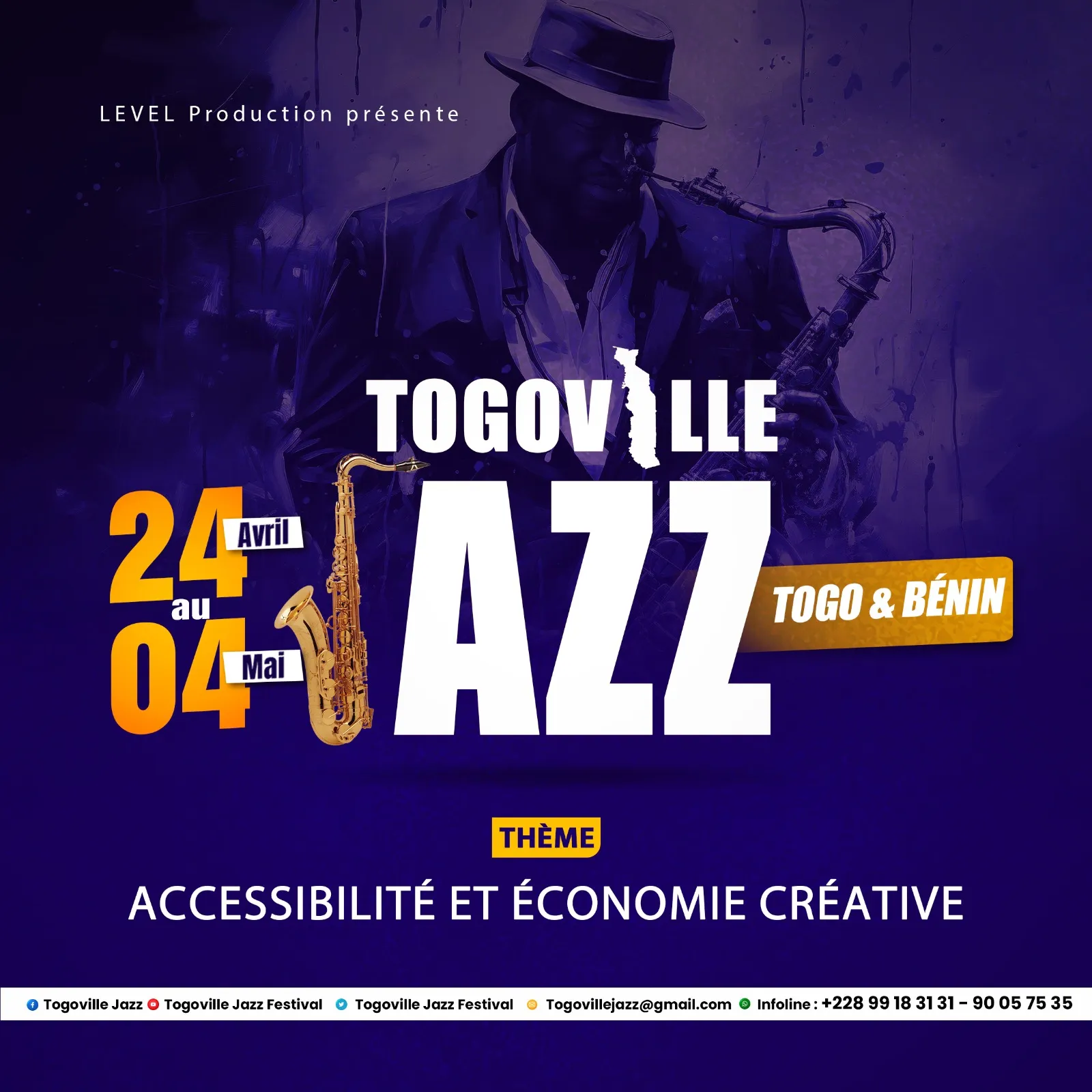 Homme avec chapeau jouant du saxophone sur fond violet avec texte annonçant un festival de jazz du 24 avril au 4 mai