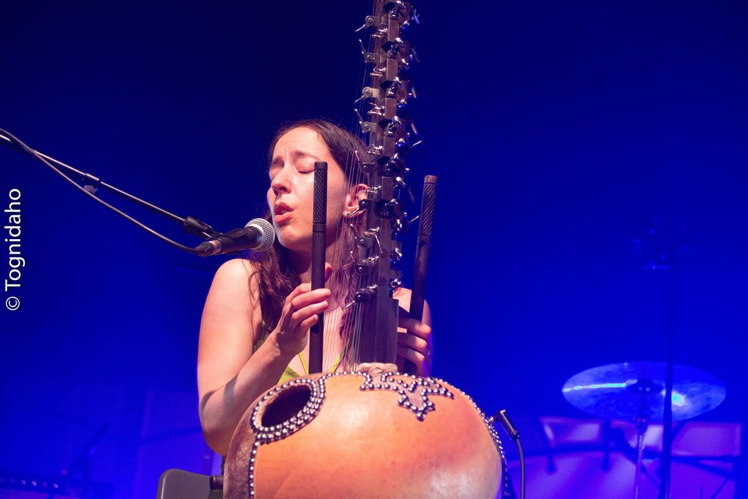 Une musicienne joue de la kora et chante devant un micro sur une scène éclairée en bleu