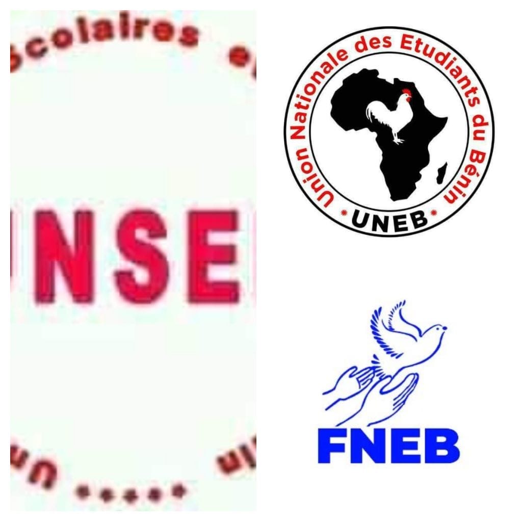 trois logos d’organisations étudiantes avec un coq sur une carte d’Afrique, une colombe et des lettres rouges partiellement visibles