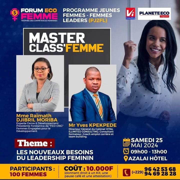 Deux portraits de professionnels avec texte promotionnel pour une session de formation sur le leadership féminin en mai 2024