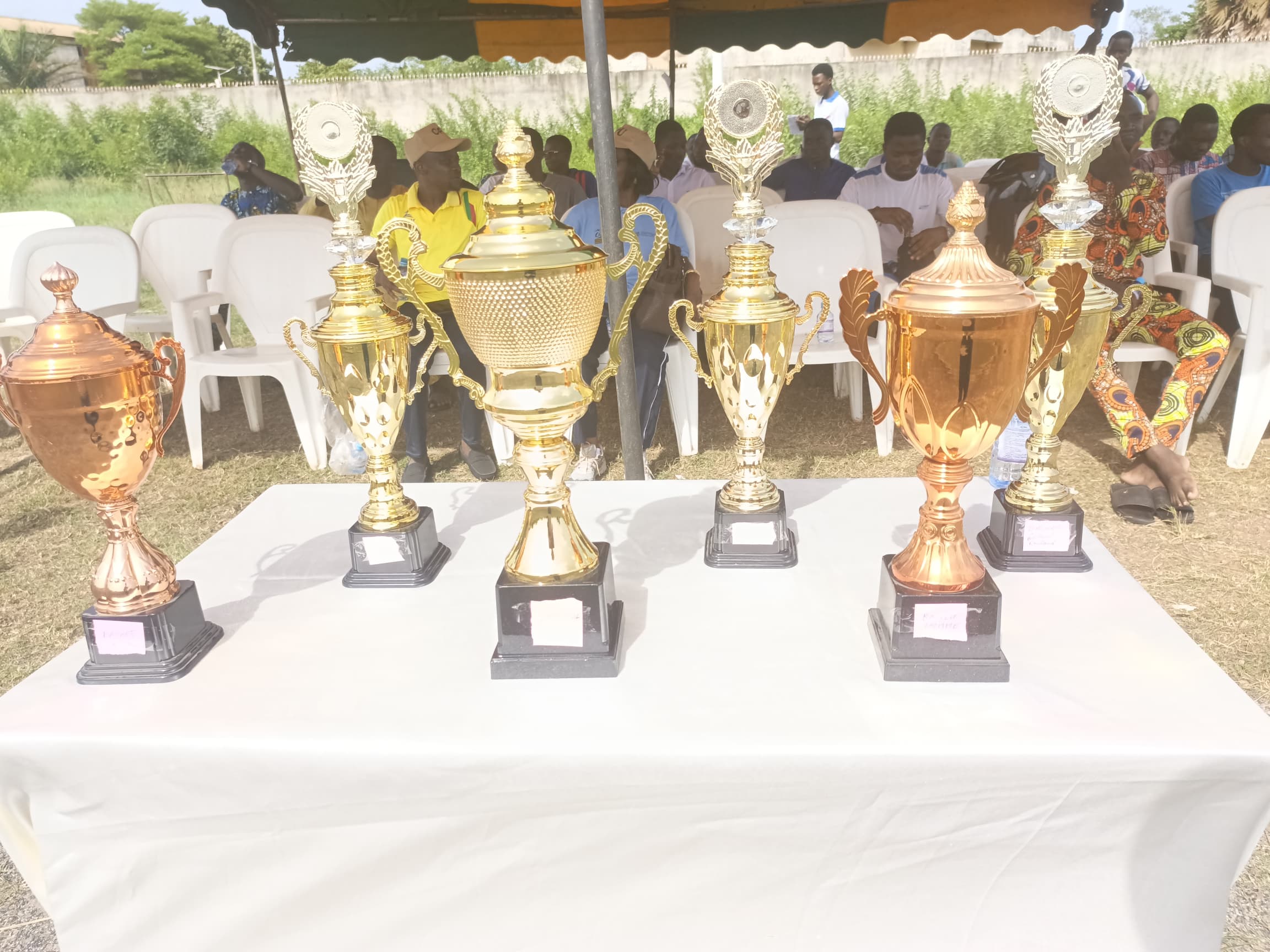 Six trophées de différentes tailles et couleurs exposés sur une table blanche avec des personnes assises en arrière-plan sous un auvent jaune