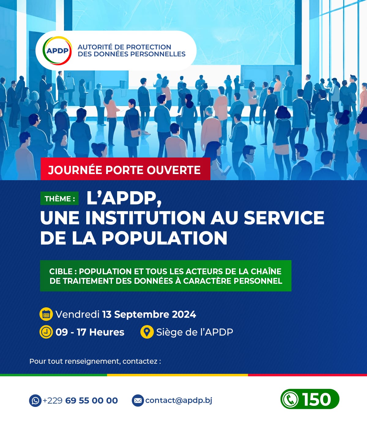 Affiche bleue annonçant une journée porte ouverte avec un groupe de personnes dans une salle et des informations sur une institution au service du public