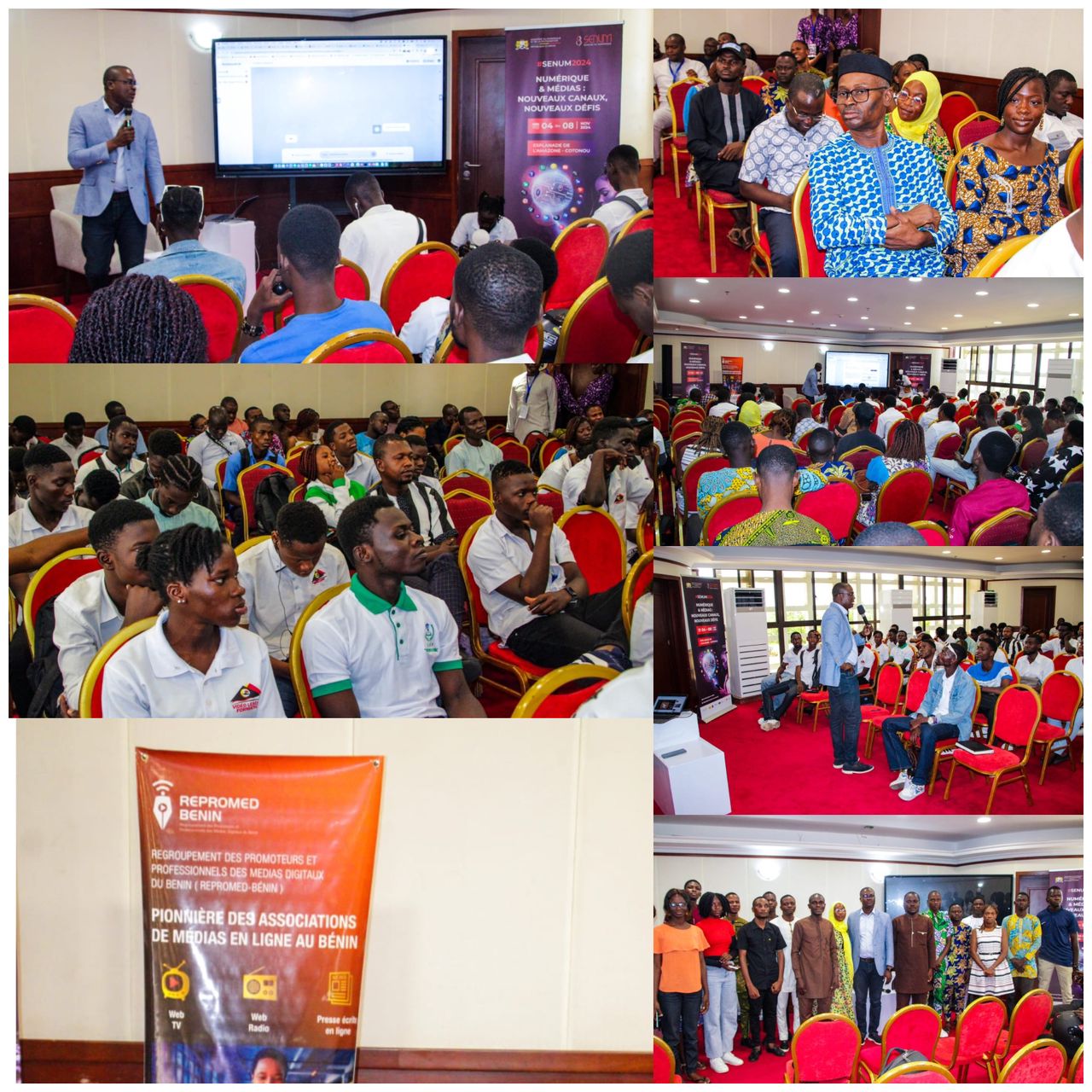 Participants attentifs lors d’une formation dans une salle avec écran numérique et affiches informatives