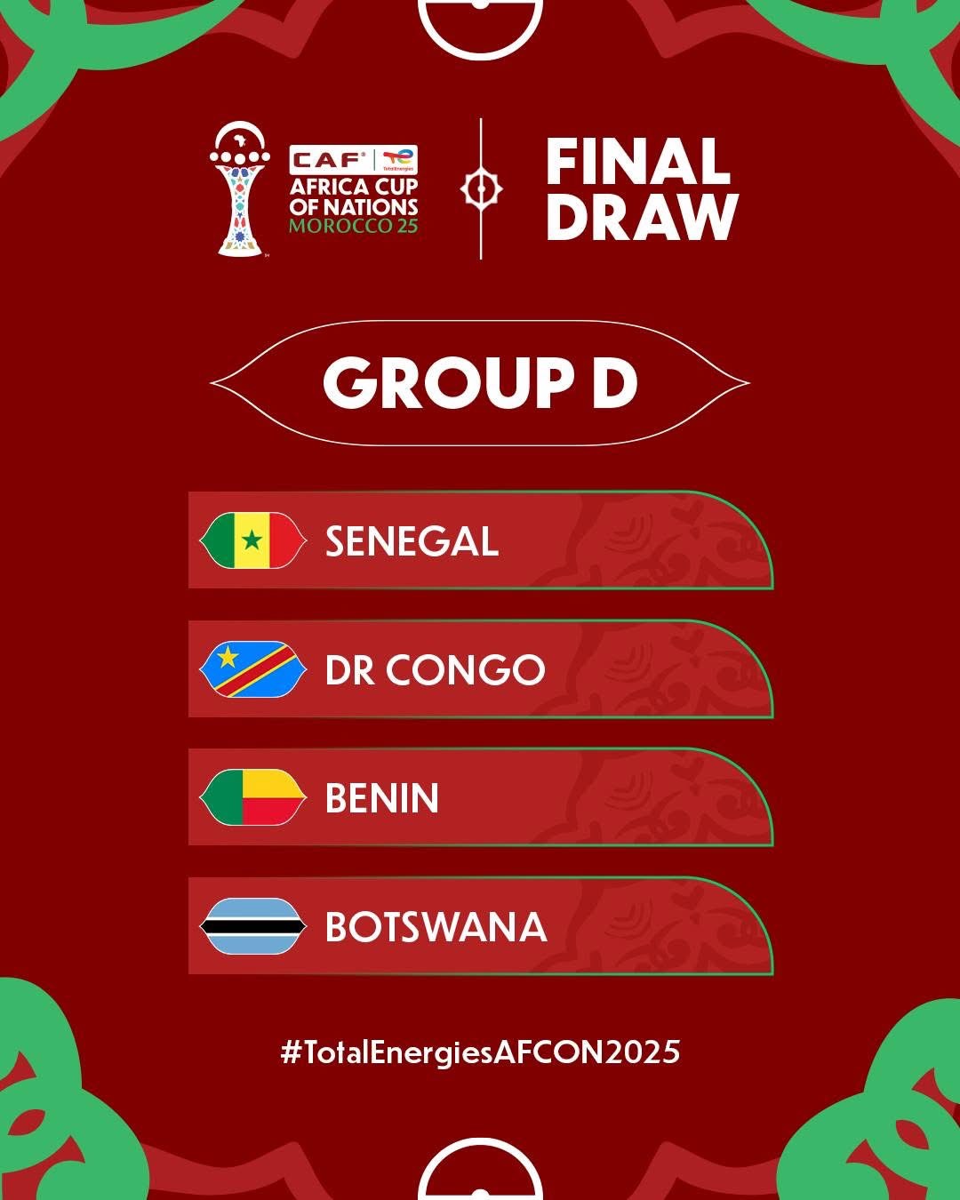 Liste des pays du groupe D pour la phase finale de la Coupe d'Afrique des Nations Maroc 2025 avec leurs drapeaux respectifs
