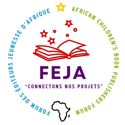 Logo coloré avec un livre ouvert, des étoiles et la silhouette de l'Afrique entouré du texte du forum des éditeurs jeunesse d'Afrique