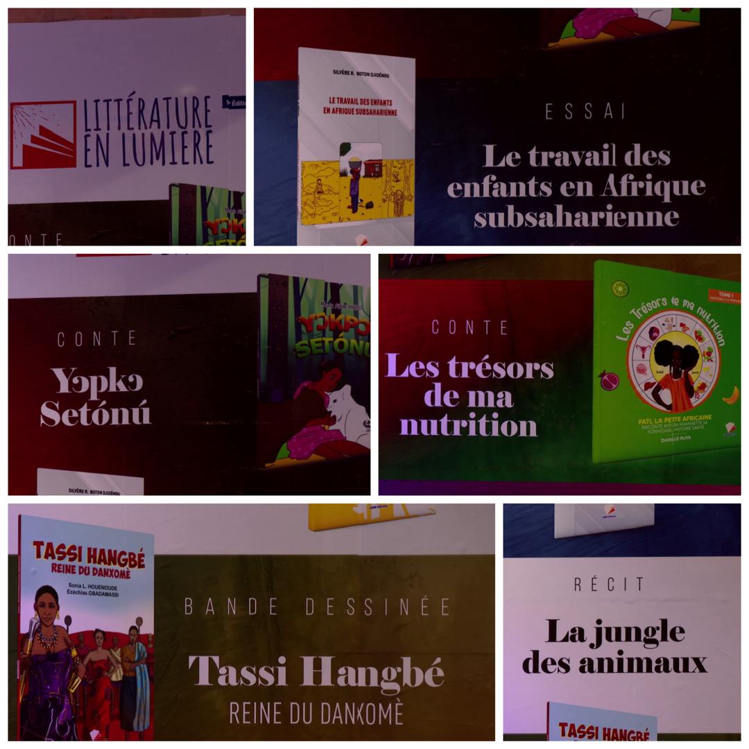 Collage d affiches présentant cinq œuvres littéraires autour de thèmes variés dont enfants, nutrition et une bande dessinée