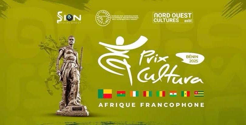 Affiche verte avec statue, logo Prix Cultura Benin 2025 et drapeaux de plusieurs pays d Afrique francophone