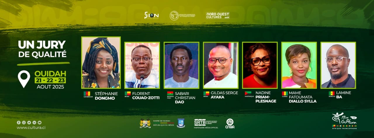 Portraits de six membres d un jury alignés avec noms et dates du 21 au 23 août 2025 affichés sur fond vert et jaune