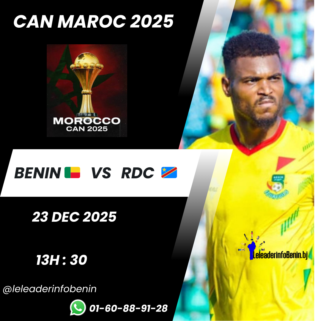 Joueur en maillot jaune avec expression concentrée sur fond flou multicolore avec texte promotionnel du match BENIN VS RDC CAN MAROC 2025