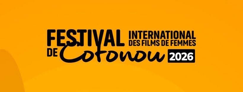 Fond orange avec le texte Festival International des Films de Femmes de Cotonou 2026 en noir et blanc