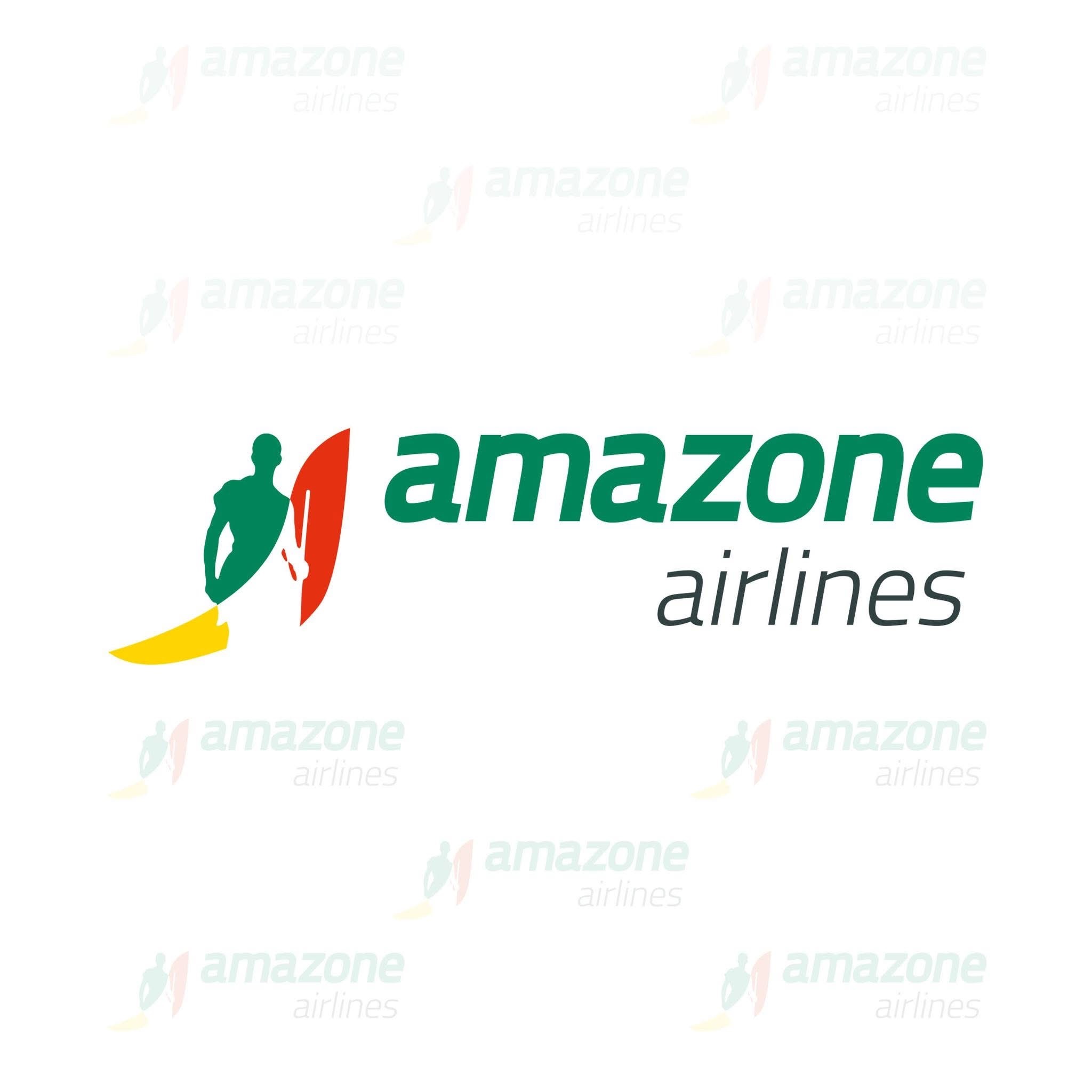 Logo vert, rouge et jaune représentant une silhouette stylisée accompagnée du texte amazone airlines en caractères verts et noirs