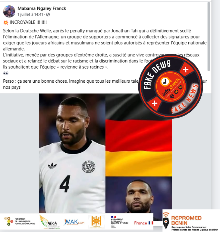 Deux portraits d'hommes en maillots sportifs blancs séparés par un drapeau allemand et un tampon rond "FAKE NEWS" en surimpression