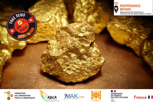 Pépites d’or jaune brillant posées sur une surface marron avec logos et mentions de vérification des informations en surimpression