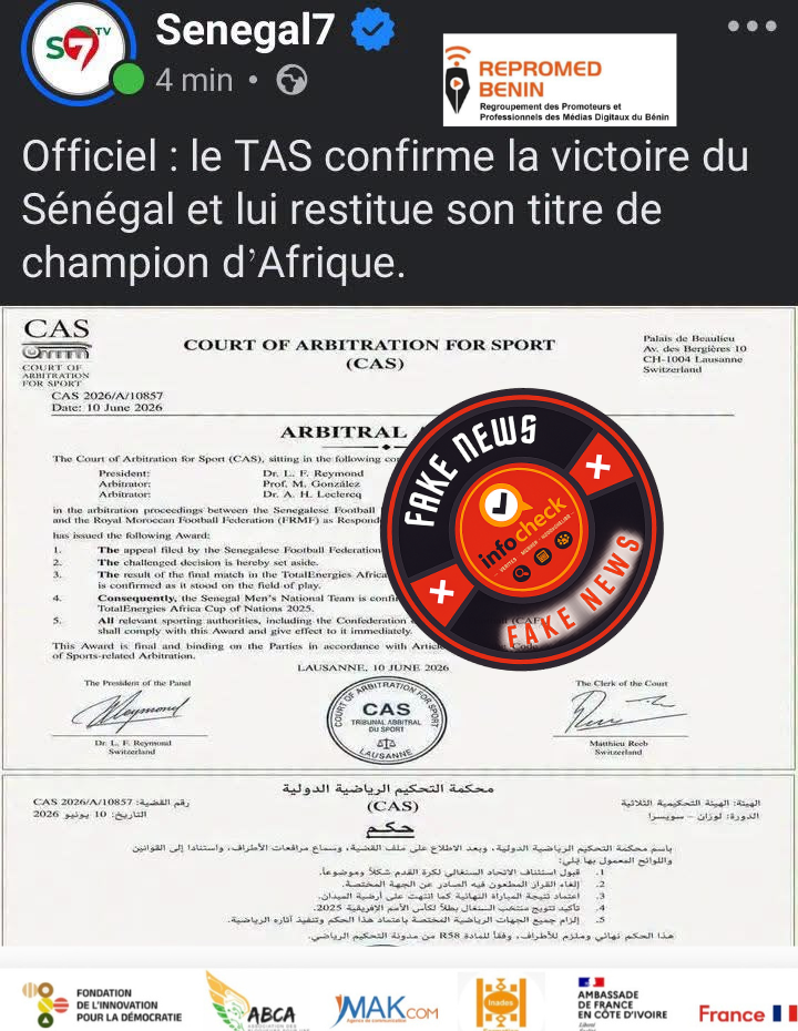 capture d’écran d’un post sur un litige sportif avec un tampon « fake news » et logo d’info check