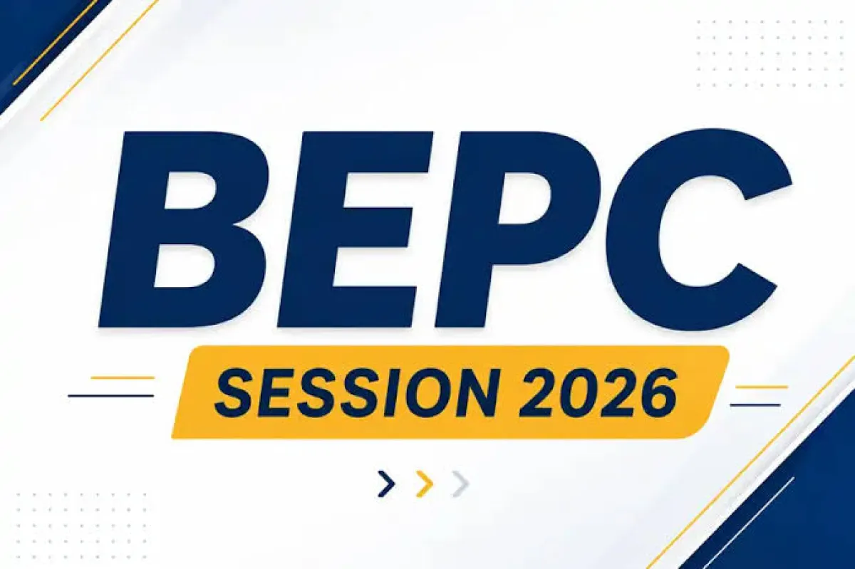 Logo BEPC session 2026 sur fond blanc avec des éléments graphiques jaunes et bleus